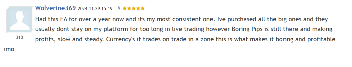 Customer review 12 for Boring Pips MT5