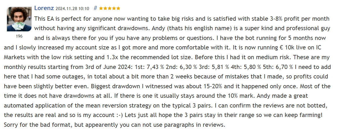 Customer review 14 for Boring Pips MT5