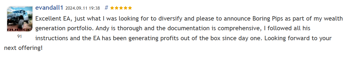 Customer review 16 for Boring Pips MT5