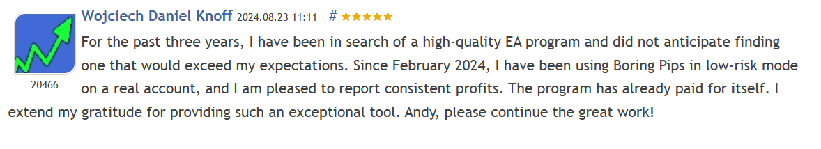 Customer review 17 for Boring Pips MT5