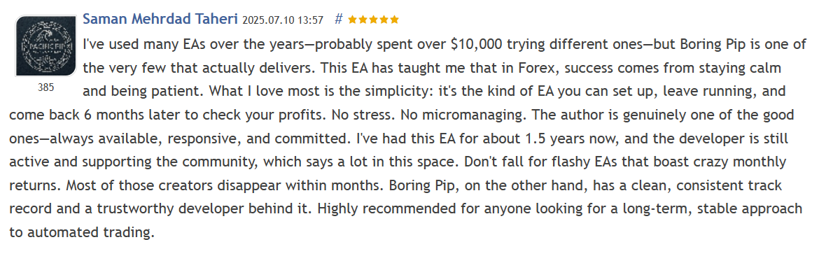 Customer review 2 for Boring Pips MT5